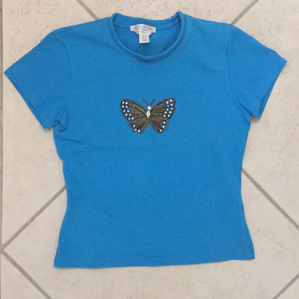 Blue Petite Sophisticate butterfly sequin shirt